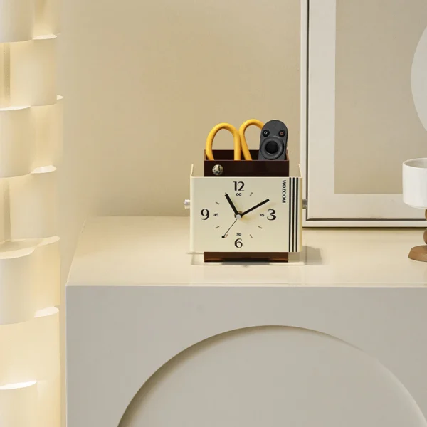 Vintage Desk Clock Pen Holder Organizer