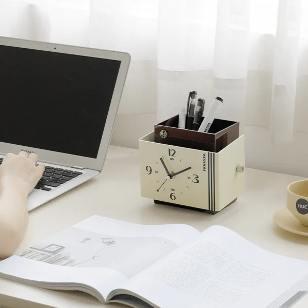 Vintage Desk Clock Pen Holder Organizer