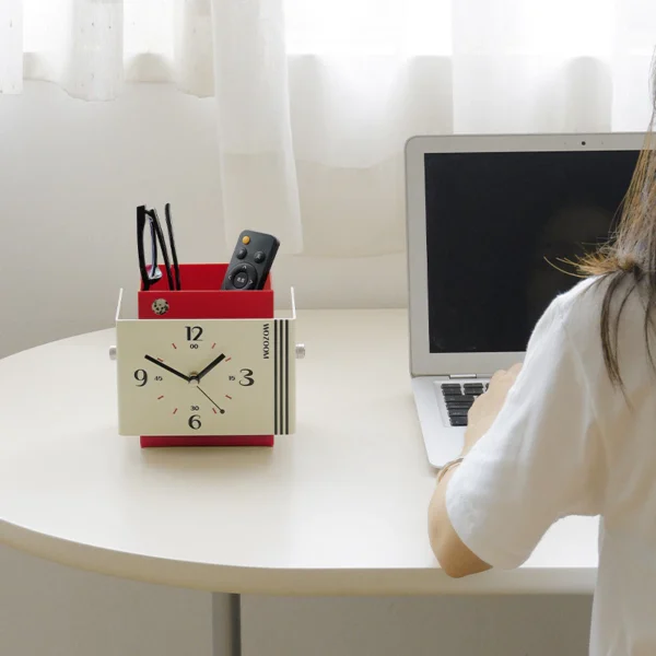 Vintage Desk Clock Pen Holder Organizer