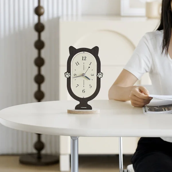 Cute Cat Silent Wooden Desk Clock