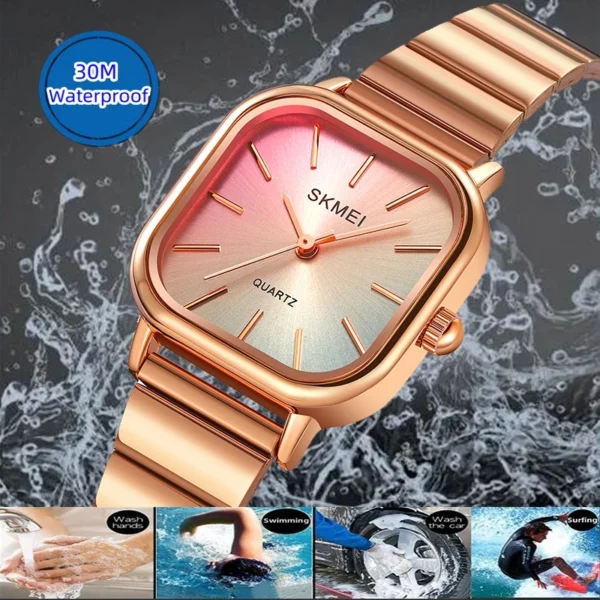 Gold Square Quartz Watch with Stainless Steel Bracelet