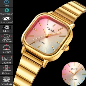 Gold Square Quartz Watch with Stainless Steel Bracelet
