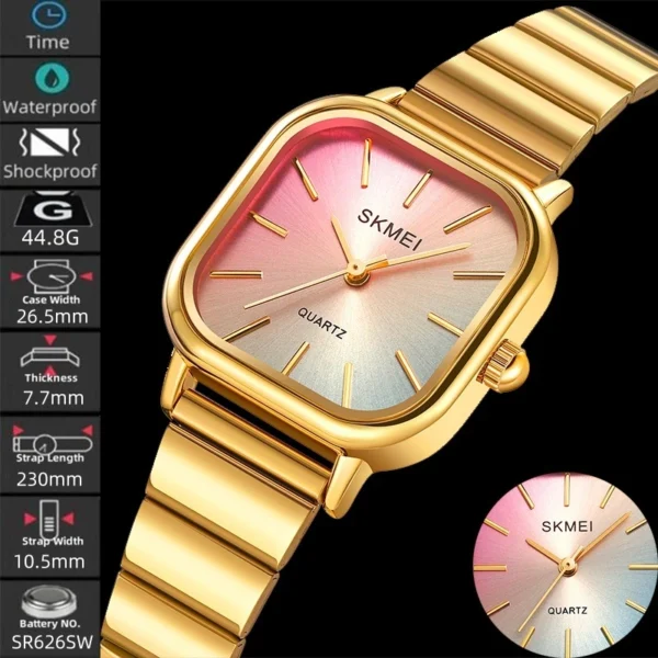 Gold Square Quartz Watch with Stainless Steel Bracelet