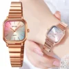 Gold Square Quartz Watch with Stainless Steel Bracelet