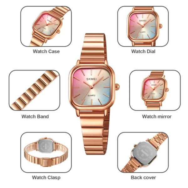 Gold Square Quartz Watch with Stainless Steel Bracelet