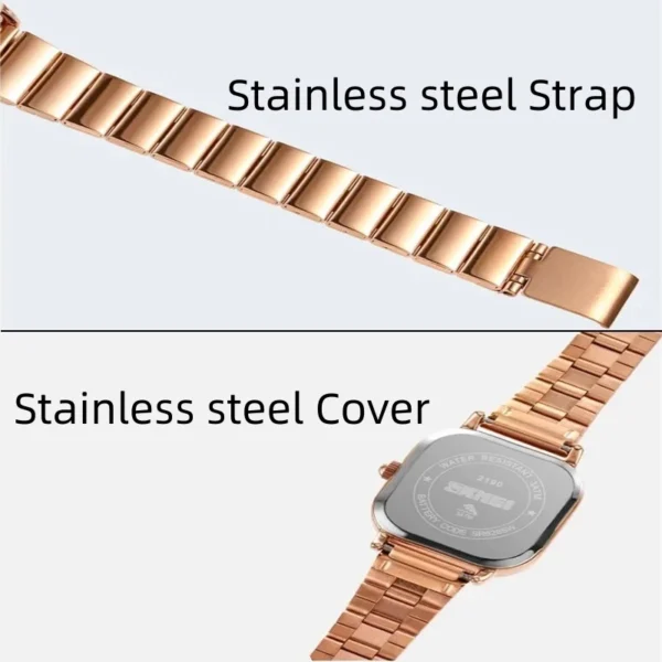 Gold Square Quartz Watch with Stainless Steel Bracelet