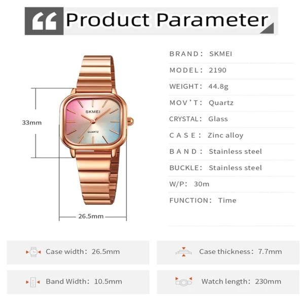 Gold Square Quartz Watch with Stainless Steel Bracelet