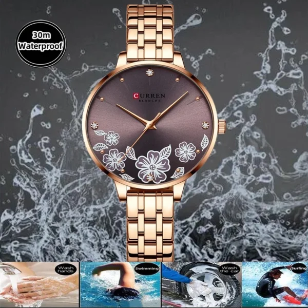 Floral Rose Gold Quartz Watch with Stainless Steel Bracelet
