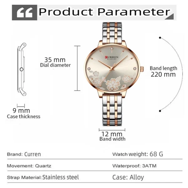 Floral Rose Gold Quartz Watch with Stainless Steel Bracelet