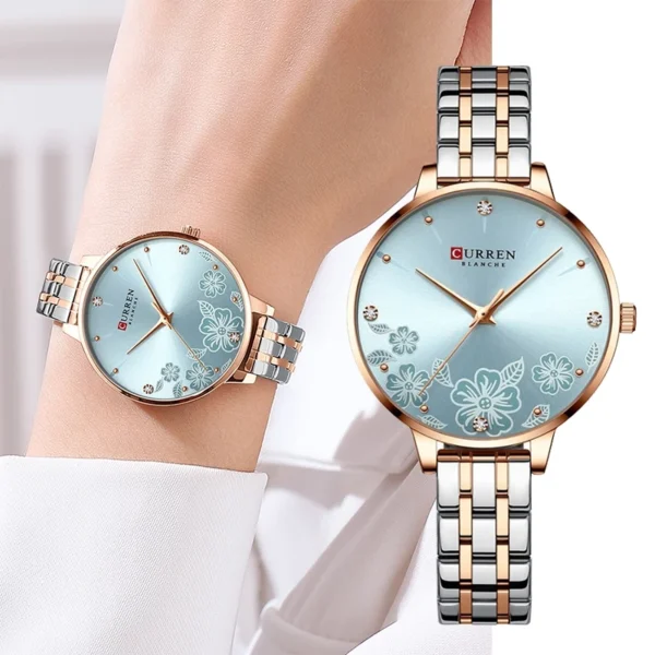 Floral Rose Gold Quartz Watch with Stainless Steel Bracelet