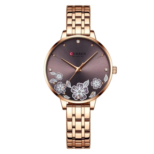 Floral Rose Gold Quartz Watch with Stainless Steel Bracelet
