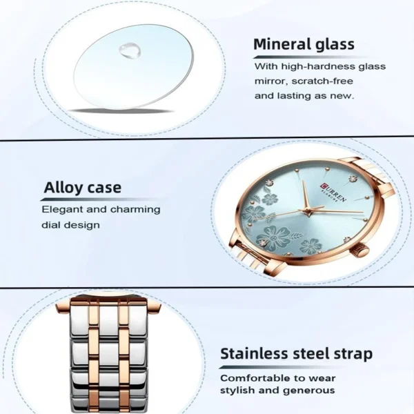 Floral Rose Gold Quartz Watch with Stainless Steel Bracelet