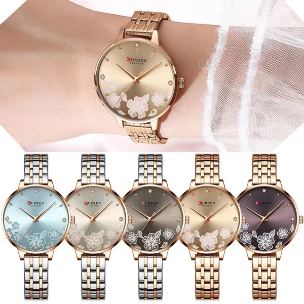 Floral Rose Gold Quartz Watch with Stainless Steel Bracelet