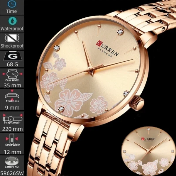 Floral Rose Gold Quartz Watch with Stainless Steel Bracelet
