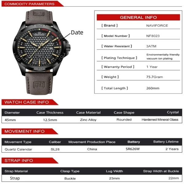 30M Waterproof Quartz Watch with Leather Strap