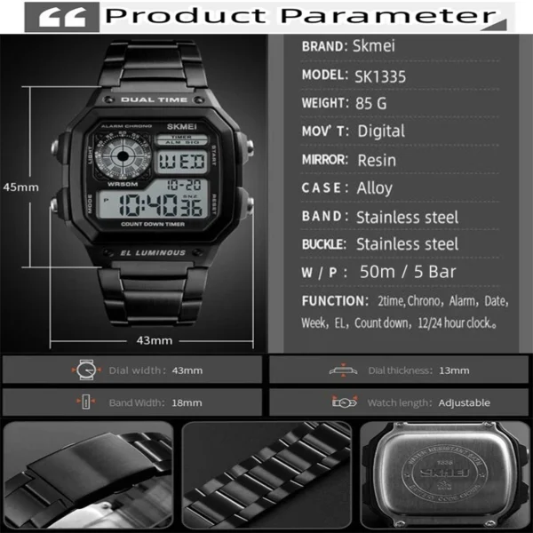Waterproof Stainless Steel Multifunction Digital Watch