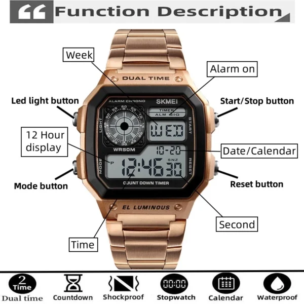 Waterproof Stainless Steel Multifunction Digital Watch