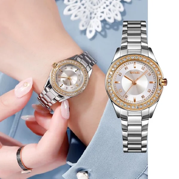 Crystal Bezel Quartz Watch with Gold Stainless Steel Bracelet