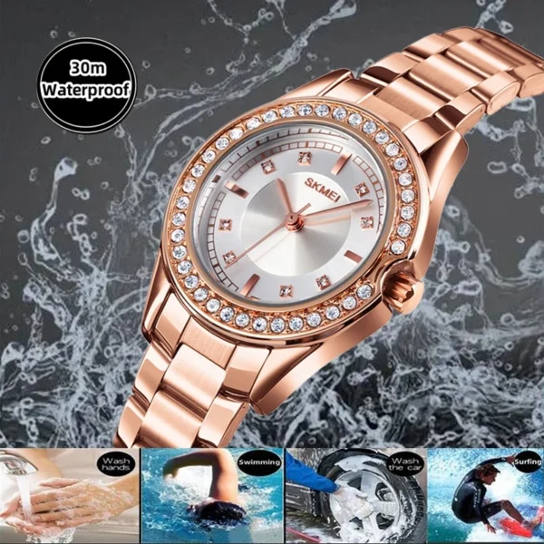 Crystal Bezel Quartz Watch with Gold Stainless Steel Bracelet