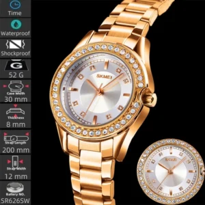 Crystal Bezel Quartz Watch with Gold Stainless Steel Bracelet