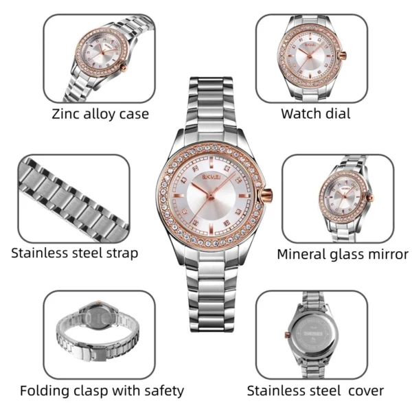 Crystal Bezel Quartz Watch with Gold Stainless Steel Bracelet